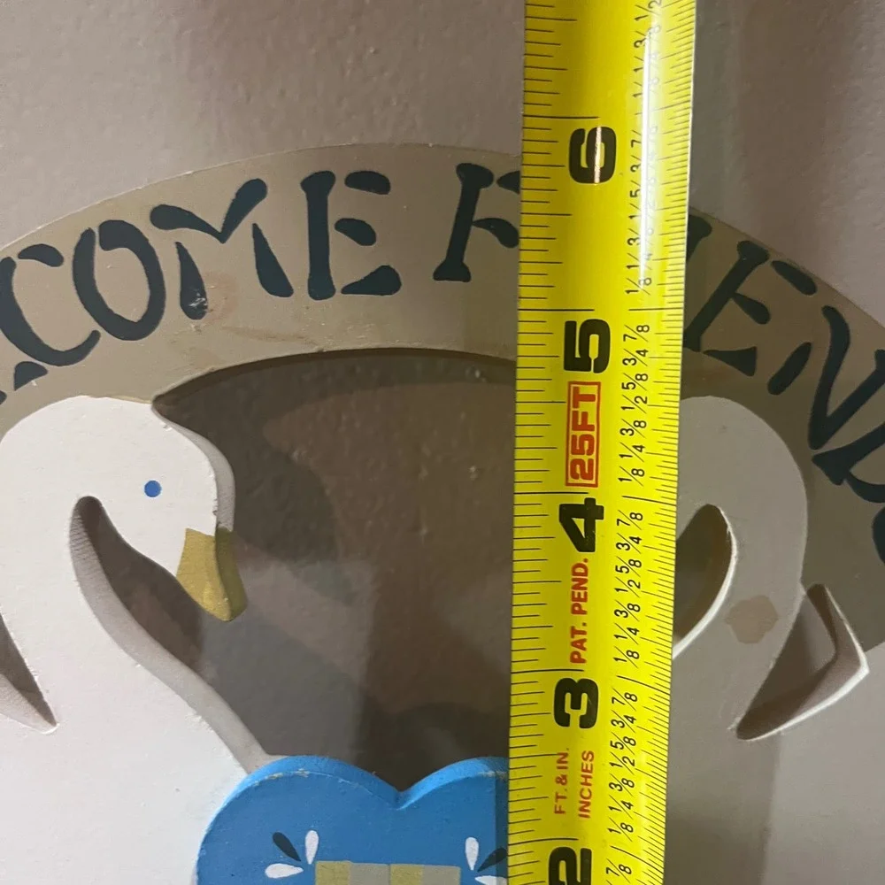 Vtg Country Folk Art Wood Swan Welcome Friends Wall Plaque Heart‎ Peg Rack 11.5